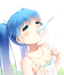 Rule 34 | 1girl, bare arms, bare shoulders, blue hair, blush, breasts, camisole, cleavage, collarbone, fingernails, food, food in mouth, green eyes, hair between eyes, hands up, hatsune miku, head tilt, long hair, looking up, mouth hold, popsicle, small breasts, solo, sweat, twintails, very long hair, vocaloid, wet, wet clothes, white background, white camisole, xia xiang (ozicha)
