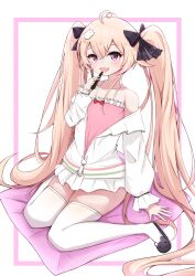 Rule 34 | 1girl, ahoge, animal slippers, attilio regolo (azur lane), attilio regolo (castle of inspiration) (azur lane), azur lane, bare shoulders, black ribbon, blush, bunny slippers, crossed bangs, fang, frilled sleeves, frills, hair between eyes, hair ornament, hair ribbon, heart, heart-shaped pupils, highres, holding, holding stylus, jacket, light brown hair, long hair, looking at viewer, miku (23393508), mole, mole under eye, off shoulder, official alternate costume, open clothes, open jacket, open mouth, purple eyes, rabbit hair ornament, ribbon, simple background, sitting, skin fang, slippers, smile, solo, stylus, symbol-shaped pupils, thighhighs, twintails, very long hair, wariza, white jacket, white thighhighs, zettai ryouiki