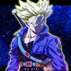 Rule 34 | 1boy, aqua eyes, arms at sides, artist name, belt, black shirt, blonde hair, chromatic aberration, commentary, denim, denim jacket, dragon ball, dragonball z, expressionless, highres, jacket, letterboxed, looking away, male focus, open clothes, open jacket, outside border, shaded face, shirt, short hair, signature, solo, spiked hair, standing, star (symbol), starry background, super saiyan, super saiyan 1, sword, tarutobi, trunks (dragon ball), trunks (future) (dragon ball), upper body, weapon
