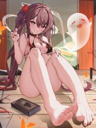 Rule 34 | bare legs, barefoot, bikini, black bikini, blush, boo tao (genshin impact), book, breasts, brown hair, claw pose, feet, flower-shaped pupils, foot focus, genshin impact, highres, hu tao (genshin impact), long hair, radoremo, red eyes, small breasts, smile, swimsuit, symbol-shaped pupils, toes, twintails, very long hair
