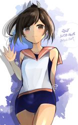 Rule 34 | 1girl, 9610 (kuroto), absurdres, brown eyes, brown hair, cowboy shot, dated, highres, i-401 (kancolle), kantai collection, looking at viewer, one-hour drawing challenge, ponytail, sailor collar, school swimsuit, shirt, short hair, short ponytail, side-tie shirt, sleeveless, sleeveless shirt, solo, swimsuit, swimsuit under clothes, waving