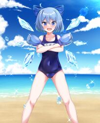 Rule 34 | 1girl, absurdres, bare arms, bare legs, bare shoulders, beach, blue bow, blue eyes, blue hair, blue one-piece swimsuit, blush, bow, cirno, cirno day, collarbone, covered navel, crossed arms, day, detached wings, fairy, feet out of frame, hair between eyes, hair bow, highres, ice, ice wings, looking at viewer, muki (munikichan), name tag, ocean, one-piece swimsuit, open mouth, outdoors, school swimsuit, short hair, smile, solo, swimsuit, touhou, wings