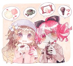 Rule 34 | 2girls, alternate costume, anya melfissa, black bow, blonde hair, blush, bow, brown hair, cellphone, chibi, commentary, dokkun0818, double bun, drink, drinking straw, english commentary, food, fur trim, gradient hair, grey hair, grey jacket, hair bow, hair bun, heart, heterochromia, holding, holding drink, holding phone, hololive, hololive indonesia, iphone x, jacket, kureiji ollie, looking down, microphone, multicolored hair, multiple girls, musical note, open mouth, phone, pink jacket, popcorn, purple eyes, red eyes, smartphone, speech bubble, two side up, virtual youtuber, white bow, yellow eyes