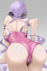 Rule 34 | 1girl, ahoge, ass, bent over, breasts, detached collar, doko tetora, from behind, leotard, light purple hair, long hair, looking at viewer, looking back, low twintails, pink leotard, playboy bunny, scrunchie, senki zesshou symphogear, shiny skin, solo, standing, strapless, strapless leotard, twintails, yukine chris
