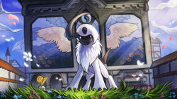 Rule 34 | absol, claws, closed mouth, creatures (company), game freak, gen 3 pokemon, grass, haychel, horns, nintendo, pokemon, pokemon (creature), red eyes, single horn, solo, white hair, wings