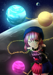 Rule 34 | 1girl, arms behind back, belt, chain, clothes writing, collar, contrapposto, earth (ornament), earth (planet), facial tattoo, hecatia lapislazuli, highres, leaning forward, looking at viewer, miniskirt, moon, moon (ornament), multicolored clothes, multicolored skirt, nosuteia, off shoulder, one eye closed, planet, purple hair, red eyes, shirt, skirt, smile, solo, space, standing, star (sky), star (symbol), t-shirt, tattoo, touhou