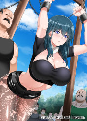 Rule 34 | 1girl, 6+boys, arms up, bald, bdsm, belt, bent over, black belt, black shorts, blue eyes, blue hair, blue sky, blush, bondage, bound, breasts, byleth (female) (fire emblem), byleth (fire emblem), captured, chain, cleavage, cleavage cutout, clothing cutout, cloud, collar, commentary, crop top, crowd, cuffs, day, facial hair, fire emblem, fire emblem: three houses, hair between eyes, hellandheaven, hetero, highres, large breasts, leaning forward, pantyhose under shorts, medium hair, midriff, multiple boys, mustache, navel, nintendo, open mouth, pantyhose, patterned clothing, restrained, short shorts, short sleeves, shorts, sky, thighs, tree, white collar, wrist cuffs