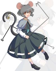 Rule 34 | 1girl, :d, animal, animal ears, bad id, bad twitter id, basket, black dress, black footwear, blush, capelet, dowsing rod, dress, eyebrows, facing away, flat chest, full body, grey capelet, grey hair, hair between eyes, highres, holding, jewelry, kuromiya yurin, legs apart, long sleeves, looking away, looking to the side, mouse (animal), mouse ears, mouse tail, nazrin, necklace, open mouth, orange eyes, outline, pendant, shirt, shoes, short hair, smile, socks, solo, tail, touhou, tsurime, undershirt, white background, white outline, white shirt, white socks, zoom layer