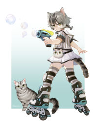 Rule 34 | 1girl, animal, animal bag, animal ear fluff, animal ears, black hair, bubble, bubble gun, cat, cat bag, cat ears, cat girl, cat tail, fanny pack, from behind, grey hair, highres, holding, inline skates, knee pads, looking back, low twintails, multicolored hair, original, roller skates, sailor collar, shirt, short hair, short sleeves, skates, solo, striped clothes, striped shirt, striped tail, striped thighhighs, tail, tarantulaines, thighhighs, twintails, two-tone hair, yellow eyes