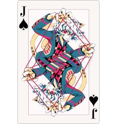 Rule 34 | 1other, :3, animal ear fluff, animal ears, card, card (medium), cat&#039;s cradle, cat ears, cat tail, closed mouth, collared jacket, commentary, english commentary, fingernails, hair between eyes, hunter x hunter, instagram username, jack (playing card), jack of spades, jacket, long sleeves, looking at viewer, multicolored clothes, multicolored jacket, multiple views, neferpitou, other focus, playing card, red eyes, sharp fingernails, short hair, slit pupils, spade (shape), string, symmetry, tail, upside-down, watermark, white hair, zzyzzyy