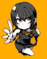 Rule 34 | 1girl, ayame hashinimasen, black hair, dithering, looking to the side, monochrome, necktie, orange background, orange necktie, original, outstretched arm, perspective, pleated skirt, sanpaku, school uniform, simple background, skirt, solo, thighhighs, white thighhighs