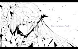Rule 34 | 1girl, armor, asymmetrical bangs, brynhildr (fate), commentary request, copyright name, fate/grand order, fate (series), gauntlets, greyscale, laurel crown, long hair, looking to the side, monochrome, pursed lips, shoulder armor, sleeveless, solo, torichamaru, twitter username, upper body, white background