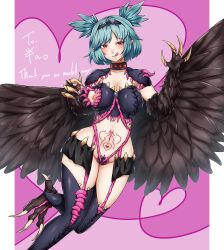 Rule 34 | 1girl, absurdres, bird legs, black feathers, black wings, blush, breasts, claws, commentary, commission, feathers, green hair, hamham 121, harpy, highres, indie virtual youtuber, licking lips, lincoro, living clothes, medium breasts, monster girl, navel, nipples, pointy ears, red eyes, short hair, short twintails, skeb commission, solo, stomach tattoo, talons, tattoo, tentacle clothes, thank you, tiara, tongue, tongue out, twintails, virtual youtuber, winged arms, wings