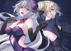 Rule 34 | 2girls, artoria pendragon (all), artoria pendragon (fate), back-to-back, back cutout, bare shoulders, black dress, black gloves, black ribbon, blonde hair, blush, breasts, city, cityscape, cleavage, clothing cutout, commentary request, dress, elbow gloves, fate/grand order, fate (series), flower, gloves, hair between eyes, hair bun, hair flower, hair ornament, highres, jeanne d&#039;arc (fate), jeanne d&#039;arc alter (avenger) (fate), jeanne d&#039;arc alter (avenger) (third ascension) (fate), jeanne d&#039;arc alter (fate), large breasts, long hair, looking to the side, multiple girls, navel cutout, neko-san (dim.dream), night, night sky, official alternate costume, open mouth, outdoors, purple dress, red ribbon, ribbon, saber alter, sideboob, sidelocks, silver hair, single hair bun, sky, smile, star (symbol), very long hair, yellow eyes
