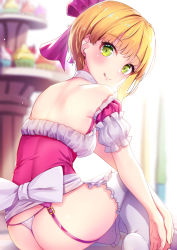 Rule 34 | 1girl, :q, apron, ass, back bow, backless outfit, bare shoulders, blonde hair, blurry, blurry background, blush, bow, closed mouth, commentary request, cupcake, depth of field, food, frilled apron, frilled thighhighs, frills, garter straps, green eyes, hair bow, head tilt, idolmaster, idolmaster cinderella girls, looking at viewer, looking back, miyamoto frederica, no pants, panties, pink shirt, puffy short sleeves, puffy sleeves, purple bow, revision, shirt, short hair, short sleeves, sitting, smile, solo, thighhighs, thong, tongue, tongue out, underwear, waist apron, white apron, white panties, white thighhighs, yan (nicknikg)