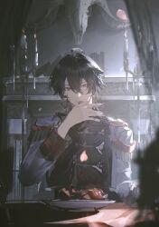 Rule 34 | 1boy, absurdres, ahoge, black hair, black shirt, brown eyes, candle, candlestand, ensemble stars!, epaulettes, falling petals, flower, furnace, hair between eyes, hand up, highres, indoors, jacket, licking, long sleeves, looking at viewer, male focus, mouth hold, petal in mouth, petals, plate, red flower, red rose, ririo, rose, sakuma rei (ensemble stars!), shirt, short hair, skull, solo, sunlight, table, upper body, white jacket