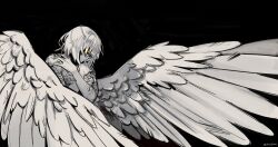 Rule 34 | 1girl, absurdres, black background, body fur, chimera, dungeon meshi, falin touden, falin touden (chimera), feathered wings, feathers, highres, monster girl, self hug, short hair, simple background, skipdidoo, solo, tagme, wings