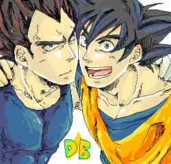Rule 34 | 2boys, :d, black eyes, black hair, close-up, copyright name, dougi, dragon ball, dragonball z, face-to-face, frown, gloves, hands on another&#039;s shoulders, happy, looking at viewer, lowres, male focus, multiple boys, mutsu (pongo0062), open mouth, serious, short hair, simple background, smile, son goku, spiked hair, star (symbol), upper body, vegeta, white background