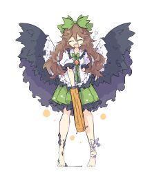 Rule 34 | 1girl, :d, arm behind back, arm cannon, barefoot, bird wings, black wings, bow, bowtie, breasts, brown hair, cape, closed eyes, collared shirt, commentary, control rod, feathered wings, frilled shirt collar, frilled skirt, frilled sleeves, frills, full body, green bow, green bowtie, green skirt, hair between eyes, hair bow, heart, highres, leg ribbon, long bangs, long hair, open mouth, primsla, puffy short sleeves, puffy sleeves, reiuji utsuho, ribbon, round teeth, shirt, short sleeves, simple background, skirt, small breasts, smile, solo, standing, teeth, third eye, touhou, upper teeth only, weapon, white background, white bow, white cape, white ribbon, white shirt, wings
