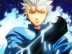 Rule 34 | 1boy, armor, beowulf, blue eyes, capcom, devil may cry (series), fingerless gloves, gauntlets, gloves, glowing, male focus, md5 mismatch, nagare, short hair, solo, vergil (devil may cry), weapon, white hair