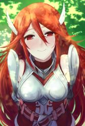 Rule 34 | 1girl, armor, blush, cordelia (fire emblem), fire emblem, fire emblem awakening, flower, gloves, hair ornament, highres, ippers, long hair, looking at viewer, nintendo, pegasus knight uniform (fire emblem), red eyes, red hair, smile, solo, very long hair