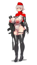 Rule 34 | 1girl, abubu, android, assault rifle, barcode, barcode tattoo, bare shoulders, black gloves, black thighhighs, breasts, cameltoe, capelet, covered navel, detached sleeves, eyebrows hidden by hair, facial tattoo, full body, gloves, gun, handgun, hat, high heels, highleg, highleg leotard, highres, large areolae, large breasts, leotard, military hat, nippleless clothes, nipples, open mouth, original, pistol, pubic tattoo, purple eyes, rifle, skindentation, solo, standing, tattoo, thighhighs, weapon, white background, white hair, white leotard