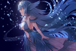 Rule 34 | 1girl, :o, alternate form, arm at side, armor, bird girl, bird tail, bird wings, blue background, blue dress, blue eyes, blue hair, breasts, brooch, chinese commentary, cleavage cutout, clothing cutout, commentary request, cowboy shot, dress, feathered wings, final fantasy, final fantasy xiv, floating hair, from side, glint, hair between eyes, halter dress, halterneck, head wings, highres, jewelry, kaojiao de rou hq, large breasts, layered dress, long hair, looking up, meteion, multiple wings, navel, open mouth, pauldrons, profile, shards, shoulder armor, sideboob, sleeveless, sleeveless dress, solo, tail, very long hair, wings