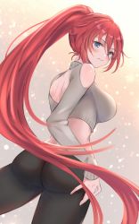 1girl absurdres ass back_cutout black_pants blue_eyes blush breasts casual clothing_cutout commentary_request contemporary godsworn_alexiel granblue_fantasy grey_sweater hair_between_eyes hand_on_own_hip highres large_breasts long_hair looking_at_viewer looking_back midriff pants ponytail red_hair renzu_(lens_02) shoulder_cutout solo sweater tight_clothes tight_pants very_long_hair