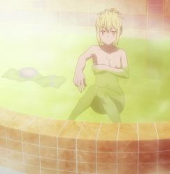 Rule 34 | 1girl, aiz wallenstein, bath, bathing, bathroom, blonde hair, blush, breasts, covering privates, covering breasts, dimples of venus, highres, long hair, medium breasts, nipples, non-web source, nude, nude filter, partially submerged, sitting, third-party edit, towel, yellow eyes