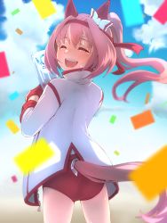 Rule 34 | 1girl, :d, animal ears, blue sky, bow, buruma, closed eyes, clothing cutout, cloud, commentary request, confetti, cowboy shot, ear bow, ear covers, facing back, facing viewer, from behind, gloves, happy, happy tears, haru urara (umamusume), headband, highres, holding, holding trophy, horse ears, horse girl, horse tail, jacket, long hair, long sleeves, open mouth, pink hair, ponytail, red buruma, red gloves, red headband, sky, smile, solo, tail, tail through clothes, tears, thin (suzuneya), trophy, umamusume, white bow, white jacket, zipper