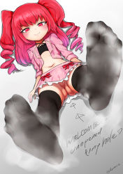 Rule 34 | 1girl, blush, censored, drill hair, dynamite tomokazu, feet, foot focus, highres, long hair, no panties, original, pussy, red eyes, red hair, sitting, skirt, smell, smile, soles, solo, thighhighs, toes, twintails