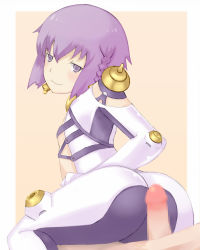 Rule 34 | 1girl, ar tonelico, ar tonelico iii, ass, censored, flat chest, highres, mosaic censoring, penis, purple eyes, purple hair, short hair, simple background, smile, tagme, tilia (ar tonelico), yanaya