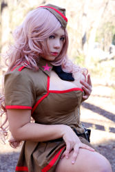 Rule 34 | belt, breasts, chouzuki maryou, cleavage cutout, clothing cutout, hand on breast, hand on leg, hat, highres, large breasts, long hair, looking at viewer, military, necktie, photo (medium), pink hair, plump, skirt, uniform