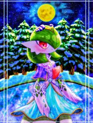 Rule 34 | 1girl, absurdres, arms at sides, backlighting, blue sky, blush, bob cut, border, closed mouth, clothed pokemon, colored skin, creatures (company), dress, expressionless, female focus, flat chest, forest, full moon, game freak, gardevoir, gardevoir (aurora), gen 3 pokemon, gloves, grass, green hair, green skin, hair over one eye, heart, highres, lace, lace-trimmed gloves, lace trim, light rays, looking at viewer, moon, moonlight, multicolored clothes, multicolored dress, multicolored skin, nature, night, nintendo, one eye covered, outdoors, pine tree, pokemon, pokemon (creature), pokemon unite, red eyes, see-through, see-through capelet, see-through dress, short hair, sky, snow, solo, standing, star (sky), starry sky, tiara, tree, two-tone skin, white gloves, white skin, yuri (fl0werspace)