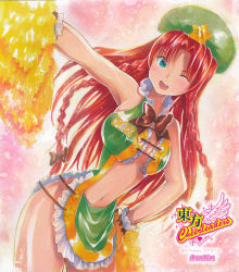 Rule 34 | 1girl, adapted costume, alternate costume, bare arms, bare shoulders, bow, bowtie, braid, breasts, brown bow, brown bowtie, cheerleader, china dress, chinese clothes, dress, green eyes, hand on own hip, hat, hong meiling, large breasts, long hair, looking at viewer, mayo riyo, midriff, navel, no panties, one eye closed, open mouth, parted bangs, pom pom (cheerleading), red hair, revealing clothes, side slit, smile, solo, star (symbol), touhou, twin braids, very long hair, wink