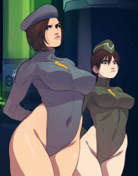 Rule 34 | 2girls, arms behind back, beret, blue eyes, bow, bowtie, breasts, brown hair, cammy white (cosplay), capcom, cosplay, exmile, hat, highres, jill valentine, leotard, multiple girls, rebecca chambers, resident evil, thick thighs, thighs