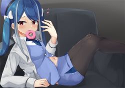 Rule 34 | 1girl, aya mizunami, black pantyhose, blue archive, blue hair, blush, breasts, chair, commentary request, doughnut, food, food in mouth, fubuki (blue archive), hat, highres, looking at viewer, navel, necktie, pantyhose, simple background, small breasts, solo, twintails, uniform