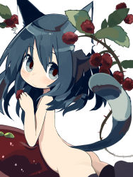 Rule 34 | 1girl, :3, androgynous, animal ears, black thighhighs, blue eyes, blue hair, cat ears, cat tail, expressionless, food, fruit, looking back, matching hair/eyes, nude, original, pappii (paprika shikiso), paprika shikiso, raspberry, short hair, solo, tail, thighhighs, white background
