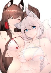 Rule 34 | 2girls, :/, :3, absurdres, akagi (azur lane), animal ears, azur lane, bikini, biting, blue eyes, blush, breast rest, breasts, brown hair, cleavage, closed eyes, closed mouth, collarbone, covered erect nipples, ear biting, embarrassed, fox ears, fox girl, fox tail, grabbing, grabbing another&#039;s breast, groping, hair between eyes, hair ornament, hairclip, highres, jewelry, kaga (azur lane), kitsune, large breasts, long hair, looking at viewer, multiple girls, multiple tails, necklace, samip, short hair, siblings, sidelocks, simple background, sisters, skindentation, straight hair, swimsuit, tail, underwear, underwear only, white background, white bikini, white hair, yuri