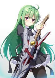 Rule 34 | 1girl, ahoge, arm behind back, assault lily, black pantyhose, black ribbon, black skirt, bow hairband, breasts, buttons, closed mouth, commentary request, cowboy shot, cropped jacket, frilled skirt, frills, gradient background, green hair, grey background, gungun (hakutou7887), hair between eyes, hair ribbon, hairband, hand up, high-waist skirt, holding, holding weapon, jewelry, light blush, long hair, looking at viewer, medium breasts, miniskirt, neck ribbon, pantyhose, purple eyes, ribbon, ring, school uniform, shirt, sidelocks, skirt, solo, standing, tanaka ichi, v-shaped eyebrows, very long hair, weapon, white background, white hairband, white ribbon, white shirt, yurigaoka girls academy school uniform