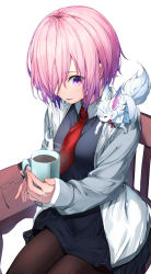 Rule 34 | 1girl, absurdres, black dress, black pantyhose, breasts, chair, coffee, coffee mug, cup, dress, fate/grand order, fate (series), fou (fate), grey jacket, hair over one eye, herigaru (fvgyvr000), highres, jacket, large breasts, light purple hair, long sleeves, looking at viewer, mash kyrielight, mug, necktie, open clothes, open jacket, pantyhose, purple eyes, short hair, sitting, smile, thighs