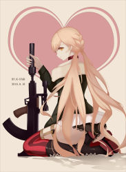 Rule 34 | 1girl, 2016, absurdres, artist name, assault rifle, black footwear, blonde hair, boots, breasts, bullpup, choker, closed mouth, cross-laced footwear, dated, day, eyebrows, fur collar, girls&#039; frontline, gun, heart, highres, holding, holding weapon, jacket, k-star, knee boots, lace-up boots, long hair, long sleeves, looking at viewer, necktie, ots-14 (girls&#039; frontline), ots-14 groza, panties, red necktie, rifle, sitting, smile, solo, suppressor, thigh strap, thighhighs, underwear, weapon, yellow eyes