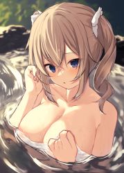 Rule 34 | 1girl, :o, absurdres, alternate breast size, barbara (genshin impact), bare shoulders, bathing, blush, breasts, brown hair, cleavage, collarbone, day, genshin impact, hand on own chest, highres, large breasts, long hair, looking at viewer, memekko, naked towel, onsen, outdoors, parted lips, partially submerged, purple eyes, solo, sunlight, towel, twintails, upper body, water, wet, wet hair