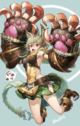 Rule 34 | 1girl, animal ears, artist request, backless outfit, blush, breasts, cat ears, claw (weapon), claws, commentary request, erune, fangs, full body, granblue fantasy, grey hair, hair between eyes, jumping, long hair, looking at viewer, medium breasts, open mouth, orange eyes, sen (granblue fantasy), skirt, solo, weapon
