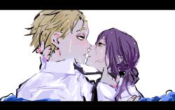 Rule 34 | 1boy, 1girl, black choker, blonde hair, blush, chainsaw man, choker, couple, denji (chainsaw man), dripping, hair bun, happy, hetero, highres, holding necktie, imminent kiss, letterboxed, looking at another, necktie, open mouth, partially submerged, pecopecosupipi, purple hair, reze (chainsaw man), simple background, single hair bun, water, wet, wet clothes, wet hair, white background