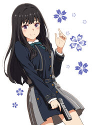 Rule 34 | 1girl, arm up, belt, black hair, blue belt, blue dress, blue ribbon, breasts, buttons, collared shirt, commentary request, cowboy shot, dress, dutch angle, finger gun, floral background, from below, grey dress, gun, handgun, highres, holding, holding gun, holding weapon, inoue takina, light blush, long hair, long sleeves, looking at viewer, lycoris recoil, lycoris uniform, m&amp;p9, medium breasts, neck ribbon, pleated dress, pleated skirt, purple eyes, ribbon, s&amp;w m&amp;p, shirt, sidelocks, simple background, skirt, smile, smith &amp; wesson, solo, standing, straight hair, thighs, trigger discipline, two-tone dress, uniform, weapon, white background, white shirt, yuki yuxtuke