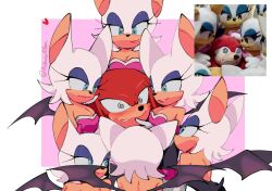 Rule 34 | 1boy, 6+girls, @ @, animal ears, animal nose, aqua eyes, bat ears, bat wings, blush, border, commentary, dress, finger to another&#039;s mouth, furry, furry female, furry male, gloves, heart, historiaallen, knuckles the echidna, looking at another, meme, multiple girls, outside border, photo inset, pink background, red fur, reference inset, rouge the bat, smile, sonic (series), surrounded, symbol-only commentary, twitter username, white border, white fur, white gloves, wings