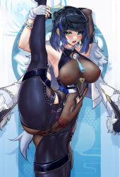 Rule 34 | 1girl, absurdres, black gloves, black hair, black thighhighs, blue hair, bodysuit, breasts, breasts apart, cleavage, clothing cutout, covered erect nipples, diagonal bangs, dice, dynamotor, elbow gloves, female pubic hair, fingerless gloves, fur-trimmed jacket, fur trim, genshin impact, gloves, green eyes, heart, heart tattoo, highres, jacket, jacket on shoulders, large breasts, looking at viewer, multicolored hair, nipples, pubic hair, pubic tattoo, pussy, see-through, short hair, single elbow glove, sleeveless, solo, split, spread pussy, standing, standing on one leg, standing split, tattoo, thighhighs, thighs, two-tone hair, white gloves, white jacket, yelan (genshin impact)