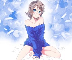 Rule 34 | 1girl, barefoot, bed sheet, blue background, blue eyes, blue sweater, blush, breasts, brown hair, cleavage, collarbone, feathers, hair between eyes, head tilt, heart, highres, love live!, love live! sunshine!!, naked sweater, no pants, photo-referenced, short hair, sitting, small breasts, smile, solo, sweater, watanabe you, white feathers, zero-theme