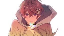 1boy black_shirt closed_mouth coe._(starlight_polaris) crossed_bangs drawstring earrings flower hair_between_eyes hair_flower hair_ornament highres holding holding_flower hood hood_down hoodie jewelry lips long_sleeves looking_at_viewer luka_ooooo male_focus multicolored_flower purple_eyes red_hair shirt short_hair simple_background sleeves_past_wrists smile solo starlight_polaris straight-on turtleneck upper_body white_background white_hoodie